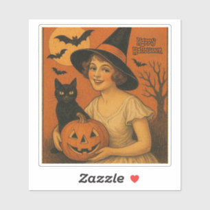 Vintage/retro Happy Halloween witch, cat, pumpkin