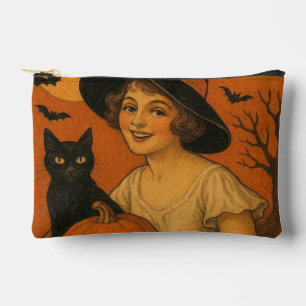 Vintage/retro Happy Halloween witch, cat, pumpkin Accessory Pouch