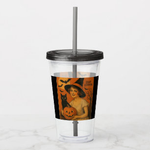 Vintage/retro Happy Halloween witch, cat, pumpkin Acrylic Tumbler