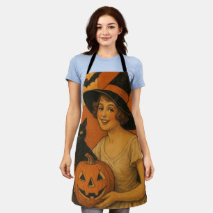 Vintage/retro Happy Halloween witch, cat, pumpkin Apron