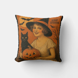 Vintage/retro Happy Halloween witch, cat, pumpkin Cushion