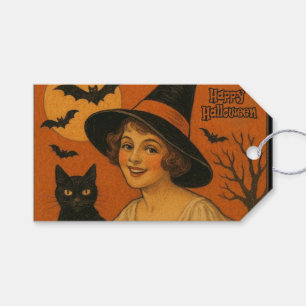 Vintage/retro Happy Halloween witch, cat, pumpkin Gift Tags