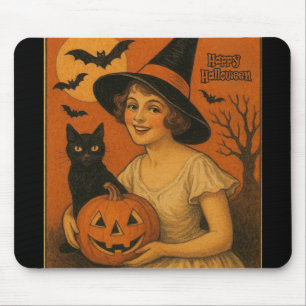 Vintage/retro Happy Halloween witch, cat, pumpkin Mouse Mat