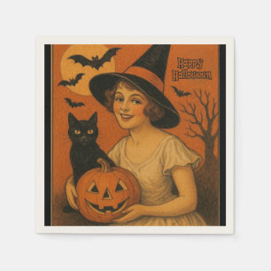 Vintage/retro Happy Halloween witch, cat, pumpkin Napkin