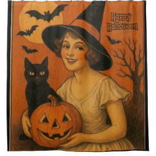 Vintage/retro Happy Halloween witch, cat, pumpkin Shower Curtain
