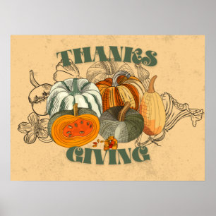 Vintage Retro Happy Thanksgiving Pumpkins Holiday  Poster