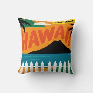 Vintage Retro Hawaiian Islands Travel Illustration Cushion