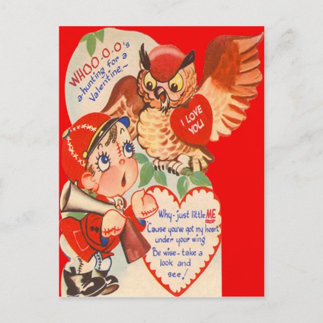 Vintage Retro Hunter & Owl Valentine Card (Front)