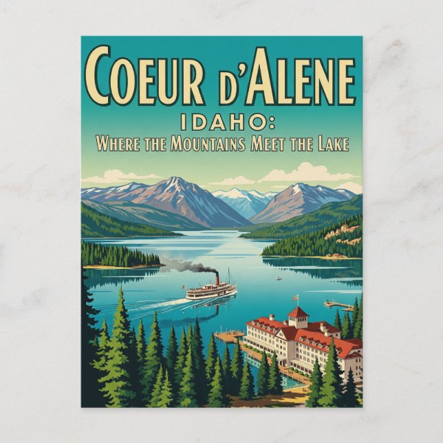 Vintage Retro Idaho Lake Coeur d'Alene Postcard (Front)