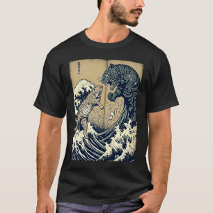 Vintage Retro Japanese Great Wave Cat Vs Monster T-Shirt