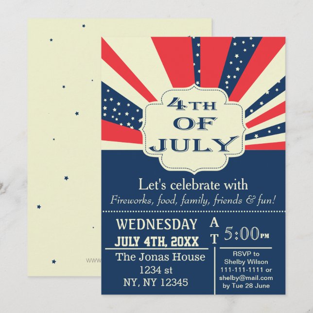 Vintage Retro July 4th Holiday party Invitation (Front/Back)