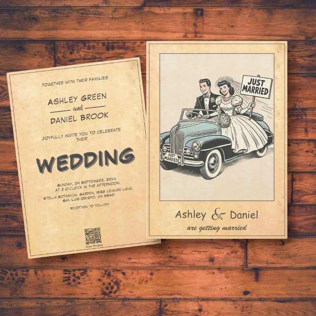 Vintage Retro Just Married Whimsical Comic Wedding Invitation (Creator Uploaded)