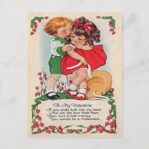 Vintage Retro Kids Hugging Hearts Valentine Card