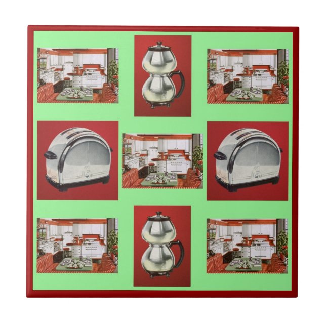 Vintage Retro Kitchen appliances Green Red Gr Tile (Front)