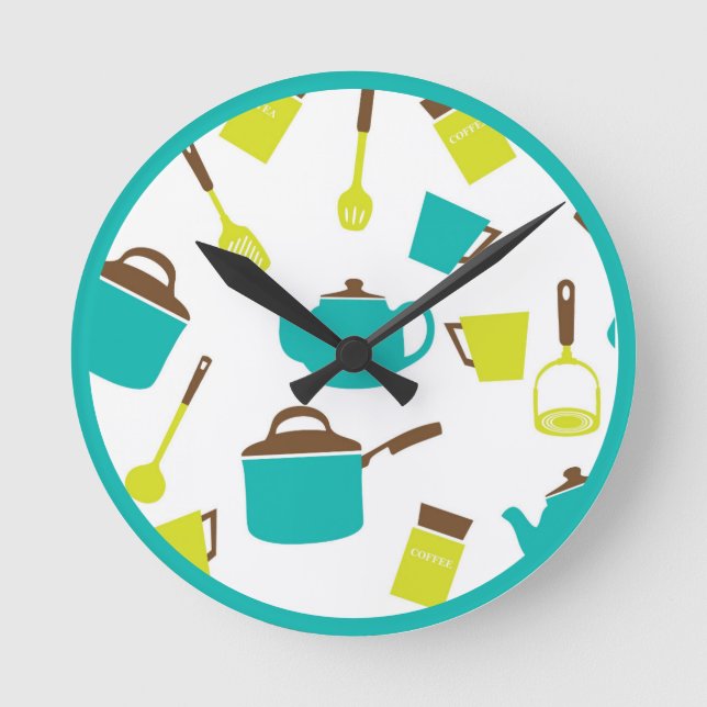 Vintage Retro Kitchen Utensils Teapot Pans Round Clock (Front)