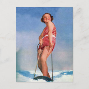 Vintage Retro Kitsch Women Water Skiing Boogie Postcard