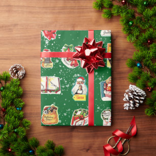 Vintage Retro Kitschy Christmas Stickers on Green Wrapping Paper