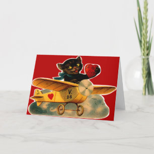 Vintage Retro Kitten In Aeroplane Valentine Holiday Card