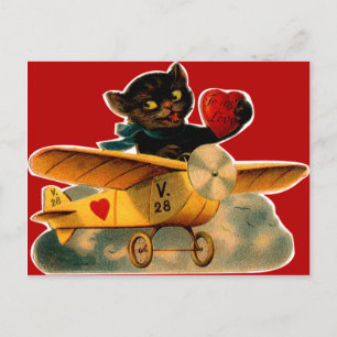 Vintage Retro Kitten In Aeroplane Valentine Holiday Postcard