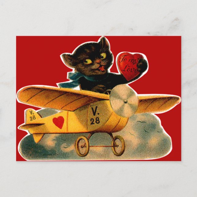 Vintage Retro Kitten In Aeroplane Valentine Holiday Postcard (Front)