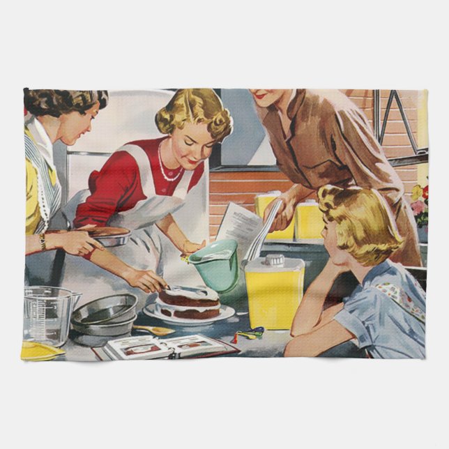 Vintage Retro Ladies Making a Cake Tea Towel (Horizontal)