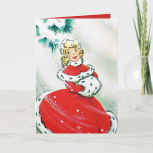 Vintage retro lady Holiday Christmas card