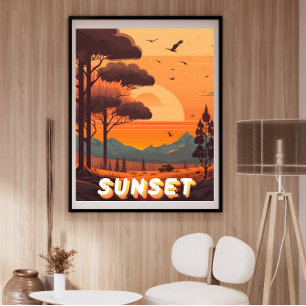 Vintage Retro Landscape Travel Sunset Art Print 