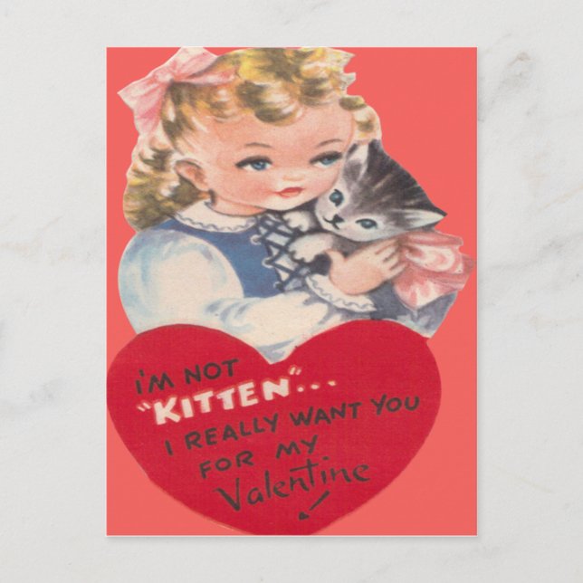 Vintage Retro Little Girl & Kitten Valentine Card (Front)