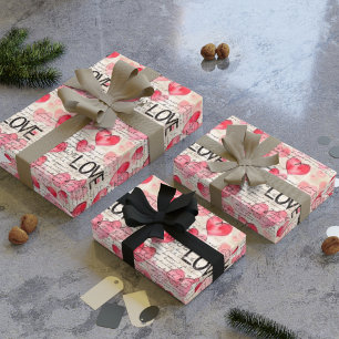 Vintage Retro Love Letter & Pink Hearts Wrapping Paper
