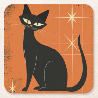 Vintage Retro MCM Black Cat Stars Orange Black 