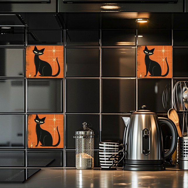 Vintage Retro MCM Black Cat Stars Orange Black  Tile (Creator Uploaded)