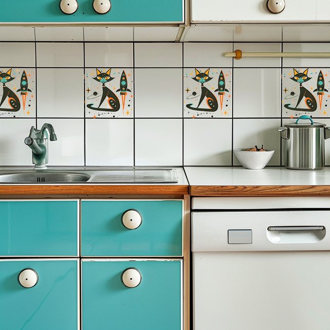 Vintage Retro MCM Cat Spaceship Stars Planet Tile (Creator Uploaded)