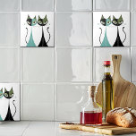 Vintage Retro MCM Cats Turquoise Black Green Tile<br><div class="desc">Retro MCM image of 2 cats with big eyes black and green cat next to a turquoise and black cat.
THIS IS A PRINTED IMAGE</div>