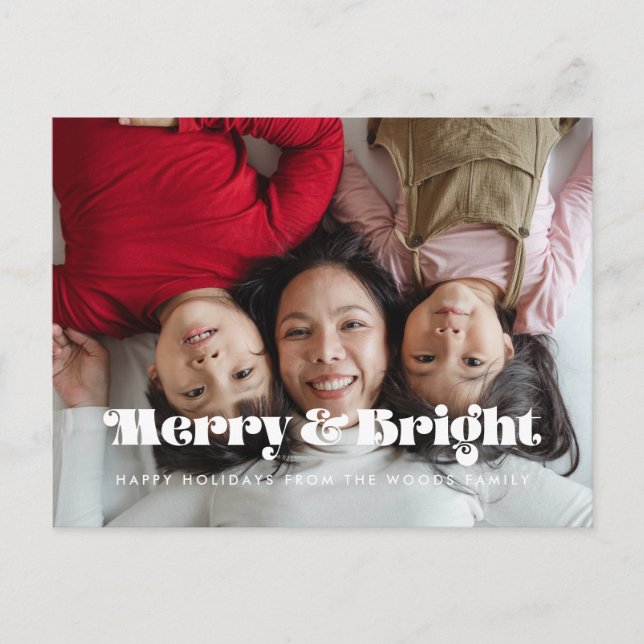 Vintage retro Merry and Bright Christmas photo Postcard (Front)