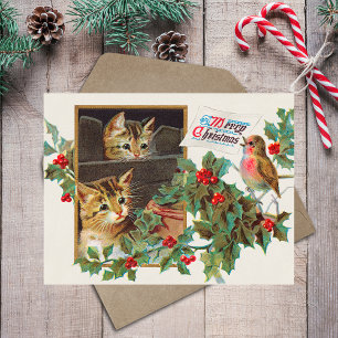 Vintage Retro Merry Christmas Cute Cats Bird Holly Holiday Postcard