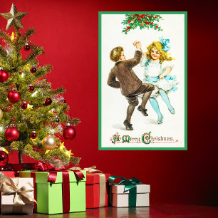 Vintage Retro Merry Christmas Cute Kid Green Holly Poster