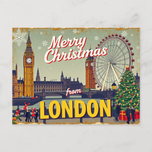 Vintage Retro Merry Christmas from London Holiday Postcard