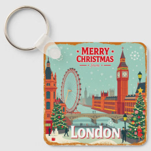 Vintage Retro Merry Christmas from London Key Ring