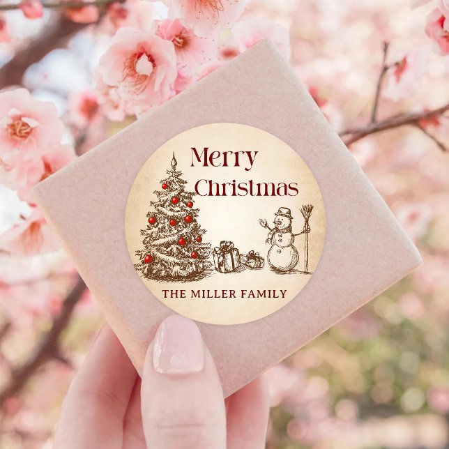 Vintage Retro Merry Christmas Tree Classic Round Sticker (Creator Uploaded)