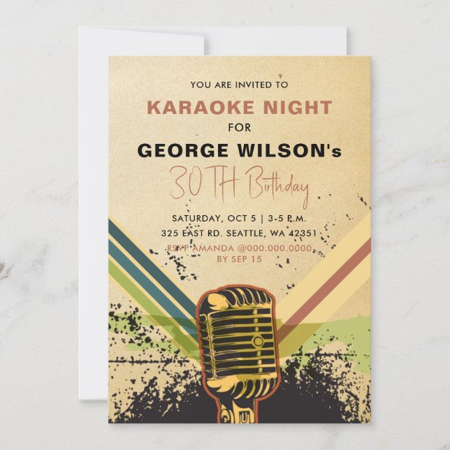 Vintage Retro Microphone Adult Karaoke Party  Invitation (Front)