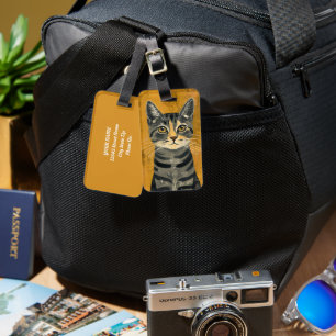 Vintage Retro Minimalist Tabby Cat Portrait Luggage Tag