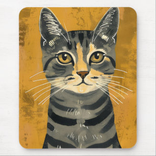 Vintage Retro Minimalist Tabby Cat Portrait Mouse Mat