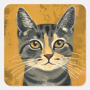 Vintage Retro Minimalist Tabby Cat Portrait Square Sticker