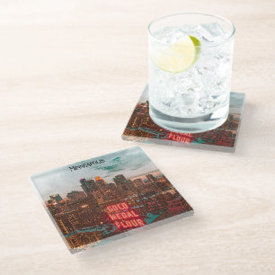 Vintage Retro Minneapolis Minnesota Travel Skyline Glass Coaster