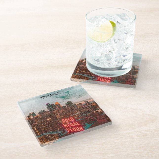 Vintage Retro Minneapolis Minnesota Travel Skyline Glass Coaster (Angled)
