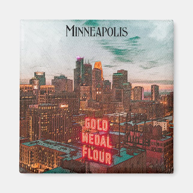 Vintage Retro Minneapolis Minnesota Travel Skyline Magnet (Front)