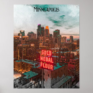 Vintage Retro Minneapolis Minnesota Travel Skyline Poster