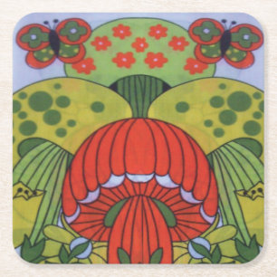 Vintage retro mushroom and butterfly Paper Coaster