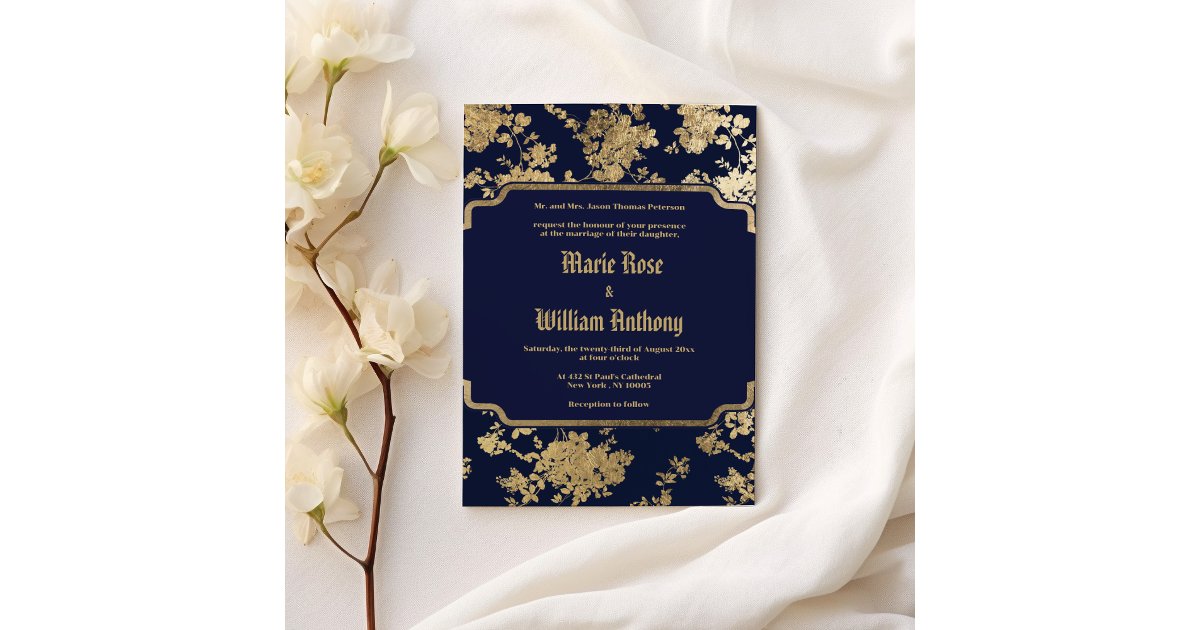 Vintage retro navy blue gold floral Wedding Invitation | Zazzle