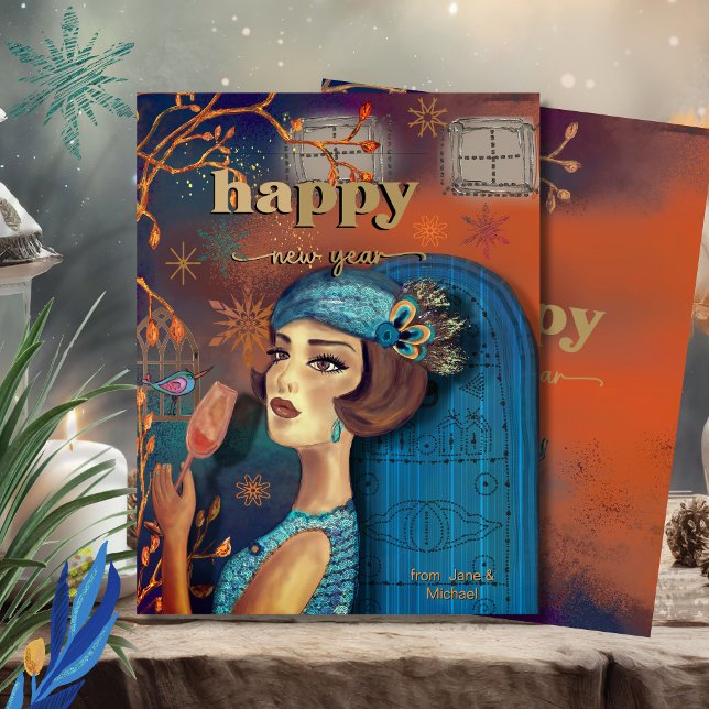 Vintage Retro New Year Orange Blue Card (Vintage Retro New Year Orange Blue Card)